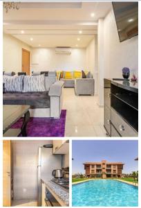 eine Küche und ein Wohnzimmer mit einem Sofa in der Unterkunft Magnifique appartement Les perles de marrakech lux avec 2 piscines in Marrakesch