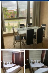 ein Esszimmer mit einem Tisch, Stühlen und einem Fenster in der Unterkunft Magnifique appartement Les perles de marrakech lux avec 2 piscines in Marrakesch