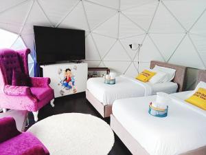 Habitación con 2 camas, silla y TV. en Black Diamond Camping, en Khao Kho