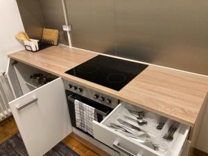 a kitchen with a stove and a wooden counter top at 2 room apartment with parking in Stuttgart in Stuttgart