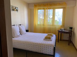 Schlafzimmer mit einem Bett, einem Fenster und einem Tisch in der Unterkunft Villa Cécilia in Lourdes