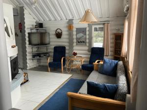 a living room with a couch and chairs and a tv at Rukavalo Cottage in Ruka