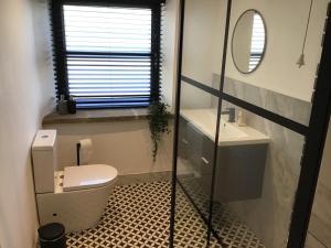 a bathroom with a toilet and a sink and a mirror at The Barn in Shirland