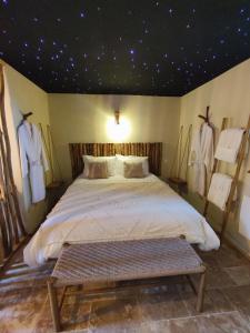 - une chambre avec un lit doté d'un plafond étoilé dans l'établissement L'Escapade Authentique, à Brouchaud