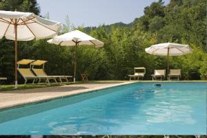 a swimming pool with two umbrellas and chairs at Casa do Palheiro de Cima in Geres