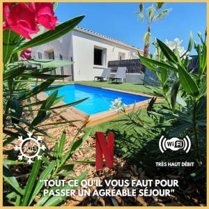 a magazine advertisement for a house with a swimming pool at ღ L'Orb Enchanté - Piscine chauffée, Clim, Netflix in Cessenon