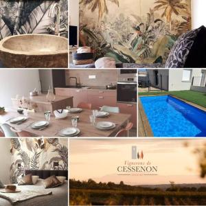 a collage of pictures of a room with a pool at ღ L'Orb Enchanté - Piscine chauffée, Clim, Netflix in Cessenon