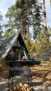 ein kleines Zelt mit einem Dach über einem Tisch in der Unterkunft A-frame під Києвом 