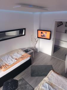 Zimmer mit einem Bett und einem TV an der Wand in der Unterkunft Apartment mit Ausblick in Braunschweig