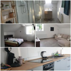duas fotografias de uma cozinha e uma sala de estar em Ferienwohnung Witten Gederbach em Witten