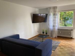 a living room with a blue couch and a flat screen tv at 2 room apartment with parking in Stuttgart in Stuttgart