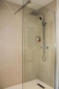 a shower with a glass door in a bathroom at The Ship Inn in Rye +37 photos