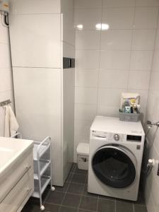 a washing machine in a bathroom with a toilet at Semi-detached house with lakeview in Tällberg 6 beds in Tällberg