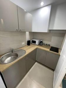 a small kitchen with a sink and a microwave at Appart’ Cosy (E) proche Paris/Roissy CDG in Tremblay En France