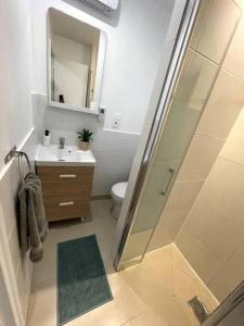 La salle de bains est pourvue d'une douche, de toilettes et d'un lavabo. dans l'établissement Appart’ Cosy (E) proche Paris/Roissy CDG, à Tremblay-en-France