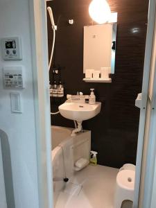 a bathroom with a sink and a toilet and a mirror at Shinagawa New Apt Easy access to both Haneda & Narita Airport in Tokyo