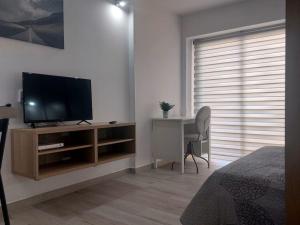 1 dormitorio con TV, escritorio y cama en Mariana Home, en Benalmádena