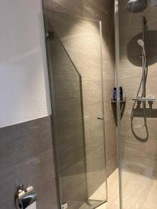a shower with a glass door in a bathroom at Basel-Stadt Gundeldingen Zimmer 401, WC in the hallway, outside the room in Basel