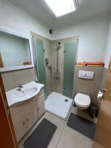a bathroom with a sink and a toilet and a shower at Ruhige geräumige Wohnung in Pforzheim