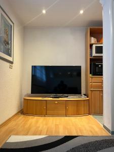 sala de estar con TV de pantalla plana grande en Ruhige geräumige Wohnung, en Pforzheim