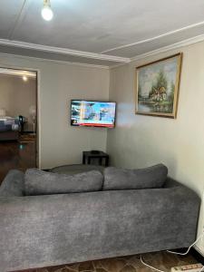 um sofá numa sala de estar com uma fotografia na parede em Furnished self catering cottage em Lusaka