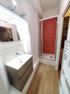 Un baño con ducha, lavabo y espejo. en Hyper centre, en Chambéry