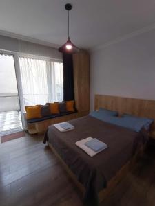 1 dormitorio con 2 camas y ventana grande en Cosy Apartment, en Borjomi