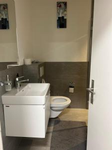 bagno con lavandino bianco e servizi igienici di Basel-Stadt Gundeldingen Zimmer 402, WC in the hallway, outside the room a Basilea