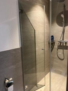 um chuveiro com uma porta de vidro na casa de banho em Basel-Stadt Gundeldingen Zimmer 402, WC in the hallway, outside the room em Basileia