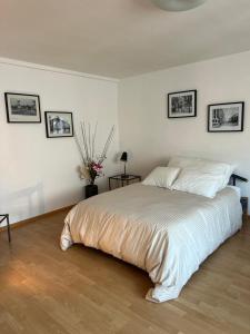 a white bedroom with a large white bed in it at Schweiz (301) in Basel