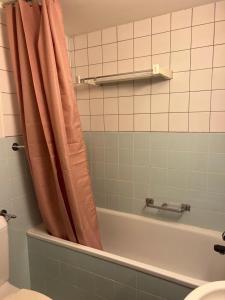 y baño con bañera y cortina de ducha. en Schweiz (301), en Basilea