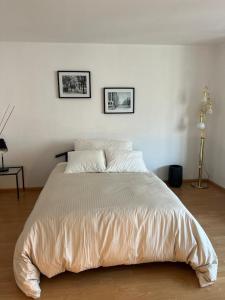 1 dormitorio con 1 cama blanca y 2 cuadros en la pared en Schweiz (301), en Basilea
