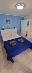 1 dormitorio azul con 1 cama grande y 2 almohadas en 2 Camere Splendida casa vacanze in Tenerife del Sur Casa Trilly, en Arona