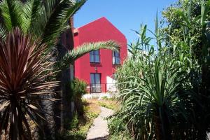 une maison rouge avec des palmiers devant elle dans l'établissement Hotel Villa El Mocanal, à Mocanal