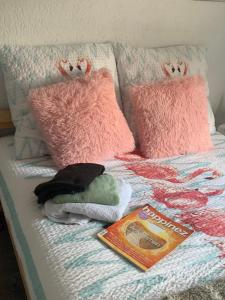 Una cama con almohadas rosas y un libro. en Wellness am Wald Wellness Behandlungen & Frühstück Auszeit im Odenwald, en Mörlenbach