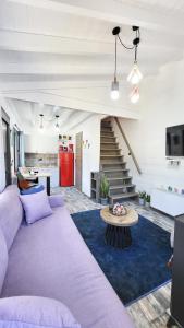 Kaloskopí的住宿－Casa de Madera，客厅配有紫色沙发和桌子