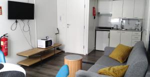 sala de estar con sofá y cocina en Kuukkeli Apartments Inari, en Inari