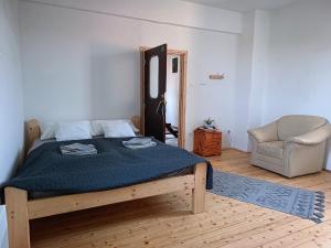 1 dormitorio con 1 cama grande y 1 silla en ToronySzoba, en Szob