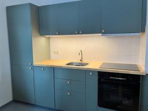 uma cozinha com armários azuis e um lavatório em Haus am Lübbesee em Templin