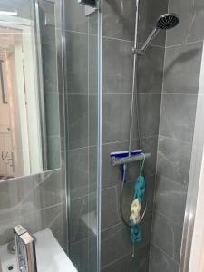 een douche in een badkamer met een glazen deur bij Gheddachi in Gentilly