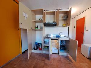 una piccola cucina con lavandino e piano cottura di GRAYNITE-High Altitude Apartment a Passo del Tonale