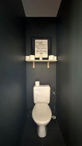 a bathroom with a white toilet in a black wall at Destination Léman in Thonon-les-Bains
