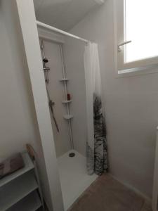a white bathroom with a shower in a room at Studio en Petite Camargue in Le Cailar