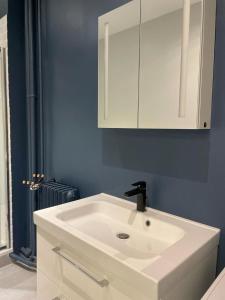 une salle de bain avec un lavabo blanc et un meuble blanc dans l'établissement Historic hyper-center Bourges, à Bourges