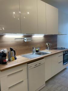 une cuisine avec des armoires blanches et un évier dans l'établissement Historic hyper-center Bourges, à Bourges 8 autres photos