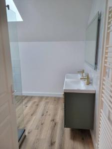 a bathroom with a sink and a glass shower at Cocon Gérardmer à 5min du Lac in Gérardmer