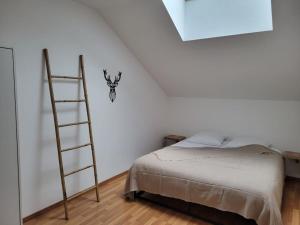 a bedroom with a ladder next to a bed at Cocon Gérardmer à 5min du Lac in Gérardmer