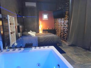 a bathroom with a bath tub and a bed at Le nid douillet 