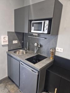 a small kitchen with a sink and a microwave at Le nid douillet 