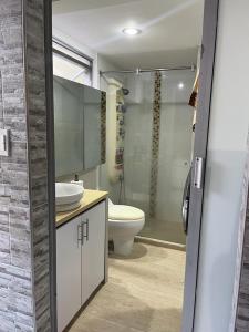 a bathroom with a toilet and a sink and a shower at Hermoso apartamento ubicado en uno de los mejores sectores de la ciudad in Cali